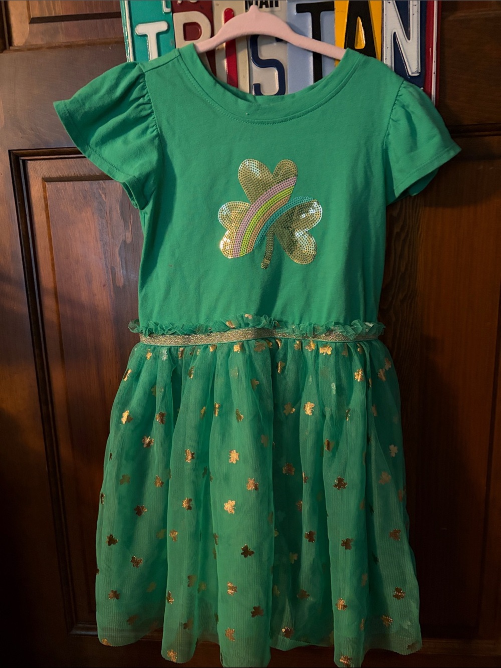Girls' Green Shamrock Tulle Dress with Gold Accents